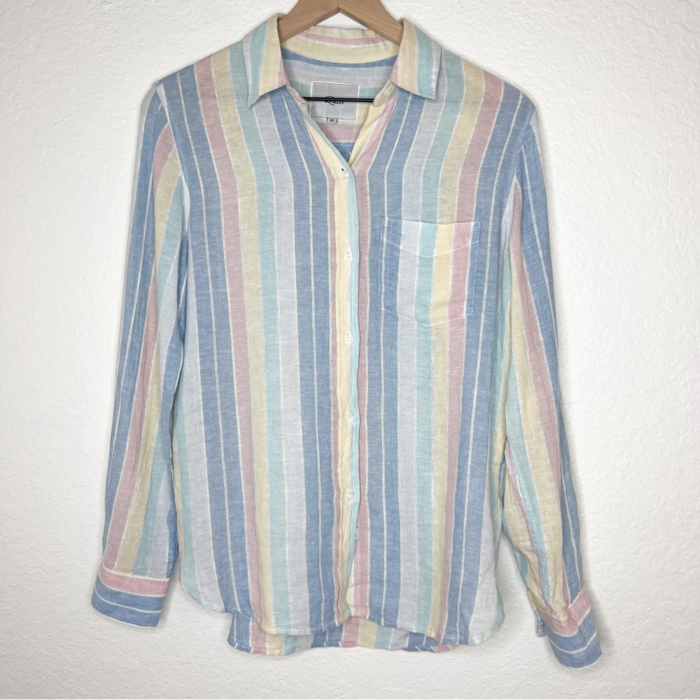 Rails Charli Jubilee Metallic Rainbow Stripe Long Sleeve Linen Button Down Sz XS - Picture 3 of 9